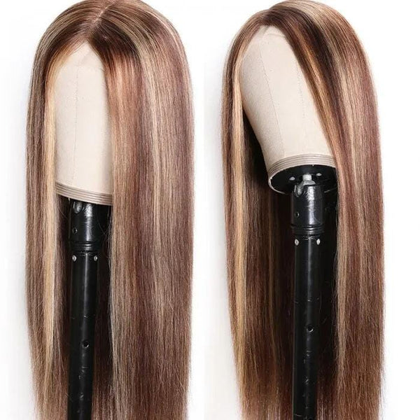 Flash Sale for Blonde Highlight Piano Color 4 By 4 Lace Closure Wig Hand Tied Lace Part Long Straight Hair Wigs 150% Density
