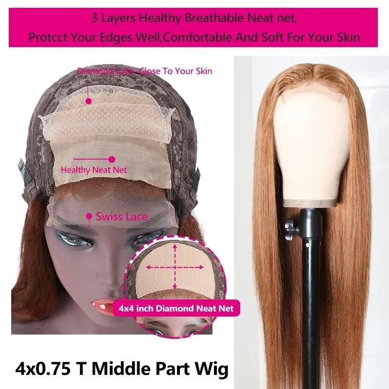 Klaiyi 180% Density Trendiest Ginger Brown 8# Color Straight Lace Part Wigs Flash Sale