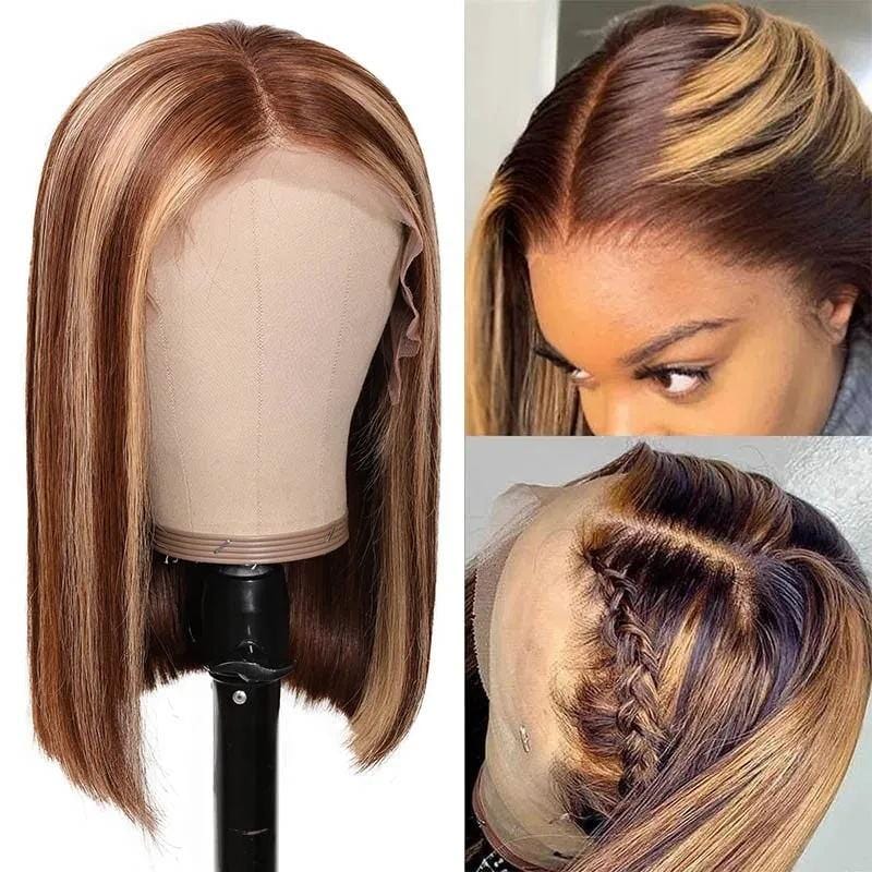 Sencond Wig Only $10 |  Klaiyi Ombre Blonde Highlight 180% Straight Bob 4x1 Lace Part Wig Flash Sale