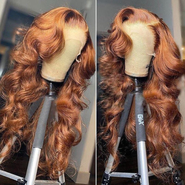 Klaiyi Voluminous Bouncy Curls Lace Front Loose Wave Wigs Chestnut Brown Highlight Color Wigs 180% Density