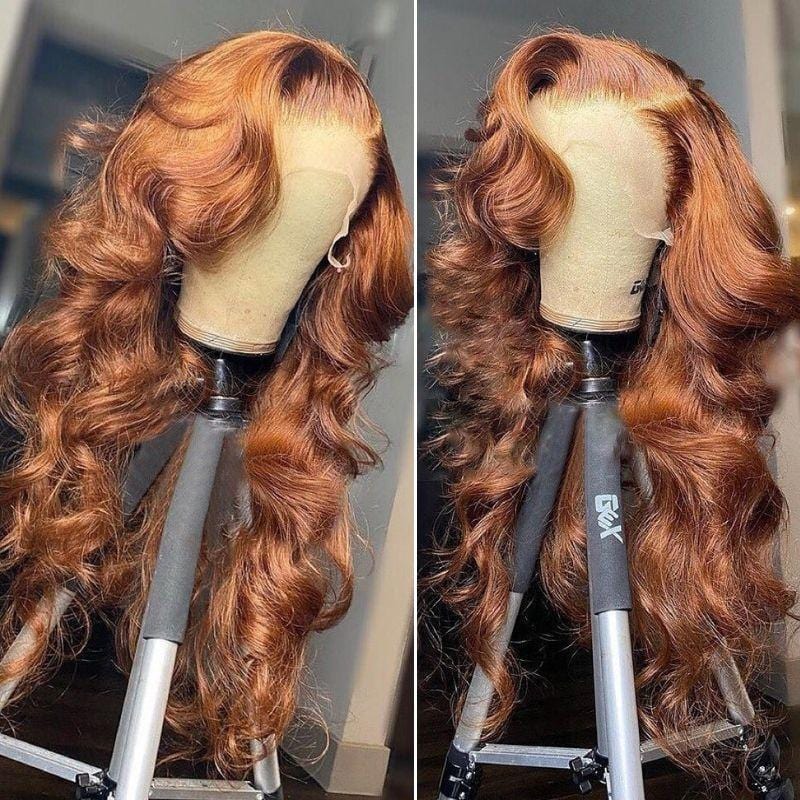 Klaiyi Voluminous Bouncy Curls Lace Front Loose Wave Wigs Chestnut Brown Highlight Color Wigs 180% Density