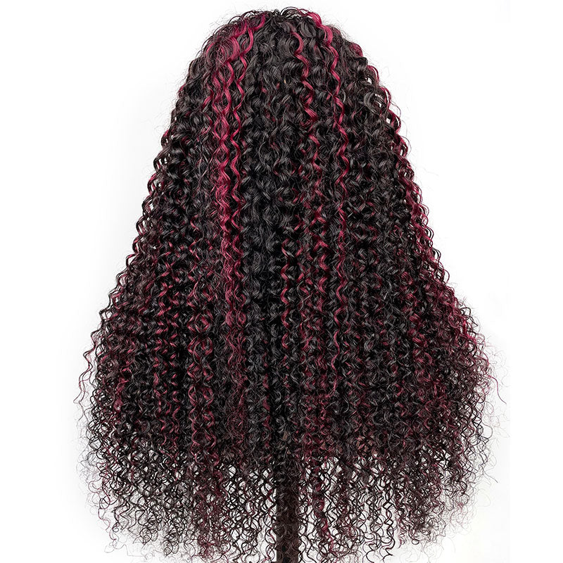 Klaiyi Dark Burgundy With Rose Red Highlights Curly Lace Front Wig Ombre Human Hair Flash Sale