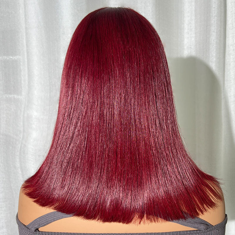 Klaiy Burgundy Bob Wig bangs with layers Human Hair Lace Front Wig