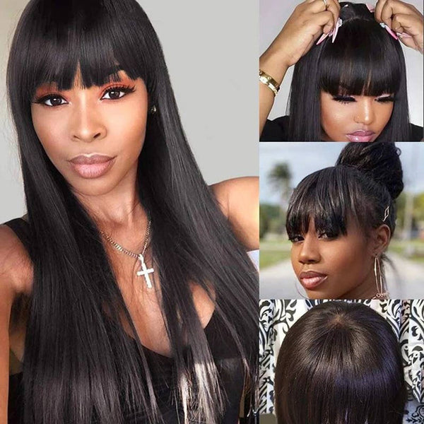 Klaiyi Straight Human Hair Wig with Bangs 13*4 Lace Front Human Hair Wigs Fringe Style