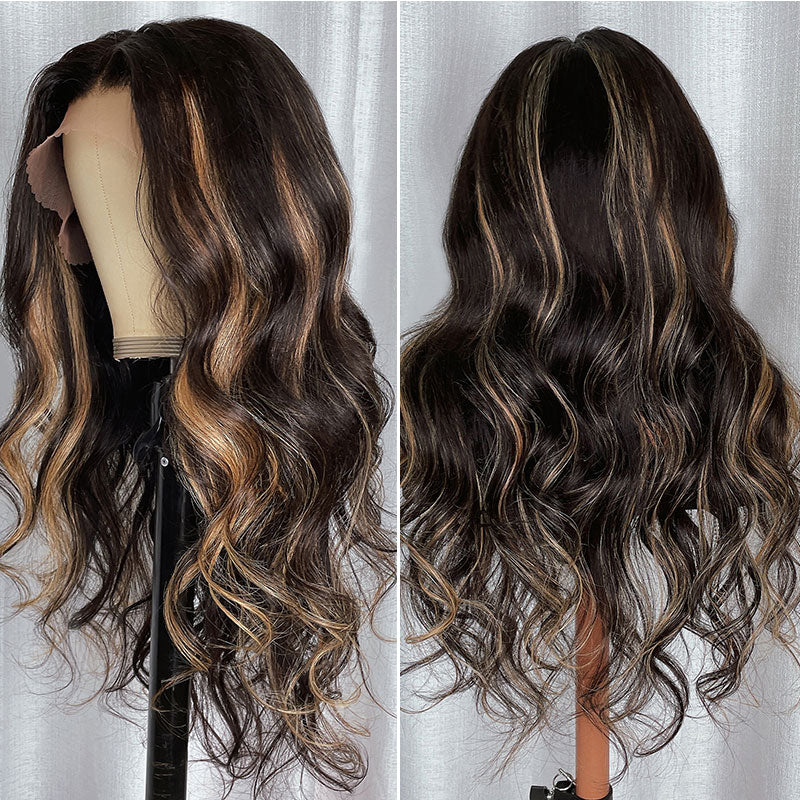 Klaiyi 13x4 Lace Front Wig Chocolate Brown With Peek A Boo Blonde Highlights Body Wave Wig Flash Sale