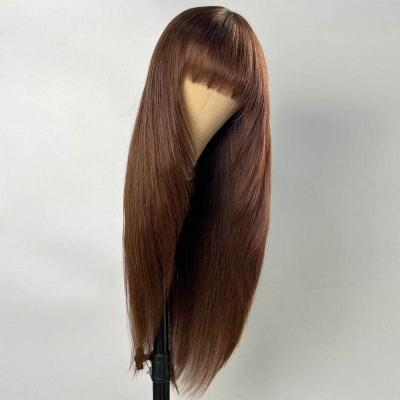 Buy 1 Get 1 Free,Code:BOGO | Klaiyi Middle Brown Bone Straight Wig With Bang Machine Made Human Hair