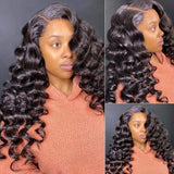Klaiyi Best Loose Wave 13x4 Lace Front Human Hair Wigs Big Heatless Curls Hairstyle 150% Density