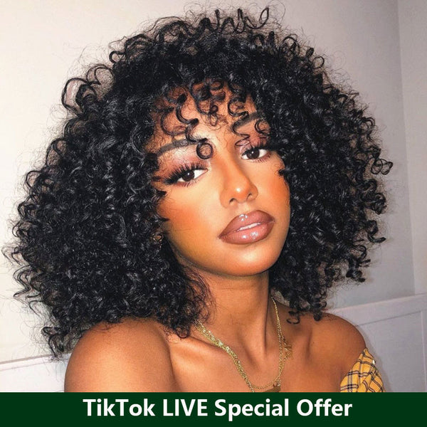 TikTok Live Special Offer | Klaiyi Bouncy Curls Short Human Hair Wigs with Bangs Flash Sale