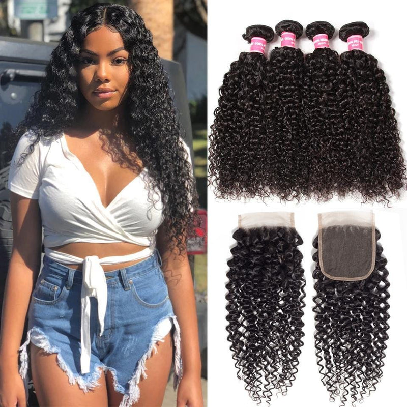 Indian Virgin Curly Hair 4 Bundles with 4*4 Lace Closure-Klaiyi Hair