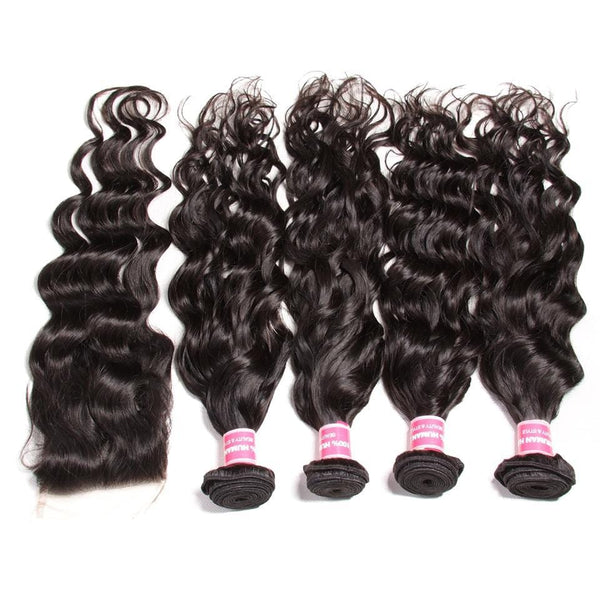 Peruvian Virgin Hair Natural Wave 4 Bundles with Free Part Lace Closure, 7A Grade Virgin Human Hair-Klaiyi Hair