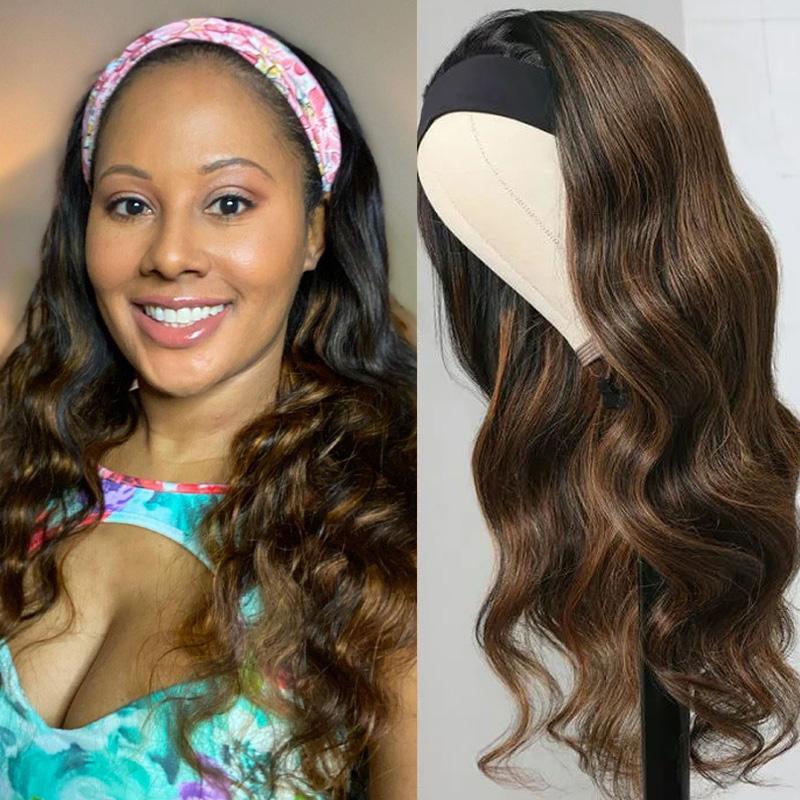 Klaiyi Dark Roots Balayage Highlight Body Wave Headband Wigs 1B/30 Ombre Color Human Hair Wigs