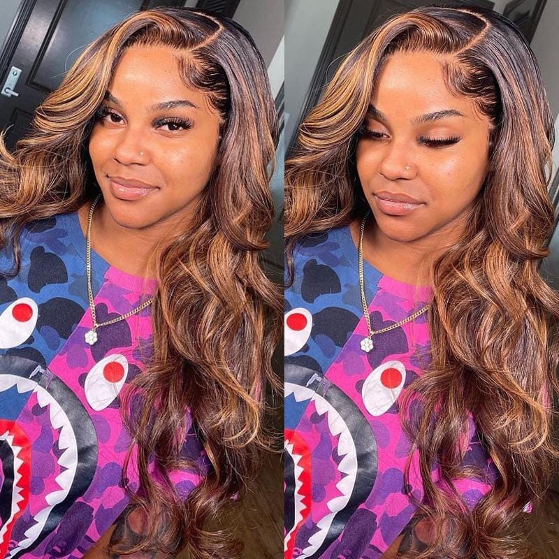 Klaiyi Brown Balayage 13x4 Lace Front Wigs 1B/30 Pre-Highlighted Body Wave Human Hair Wigs