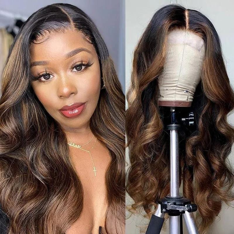 Klaiyi Brown Balayage 13x4 Lace Front Wigs 1B/30 Pre-Highlighted Body Wave Human Hair Wigs