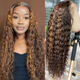 Klaiyi Ombre Highlight Piano Color Lace Part Wig Brown Golden Human Hair Water Wave
