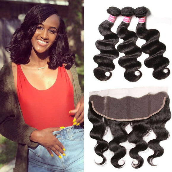Klaiyi Peruvian Body Wave 3 mèches avec fermeture frontale en dentelle d'oreille à oreille 