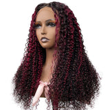 Klaiyi Dark Burgundy With Rose Red Highlights Curly Lace Front Wig Ombre Human Hair Flash Sale