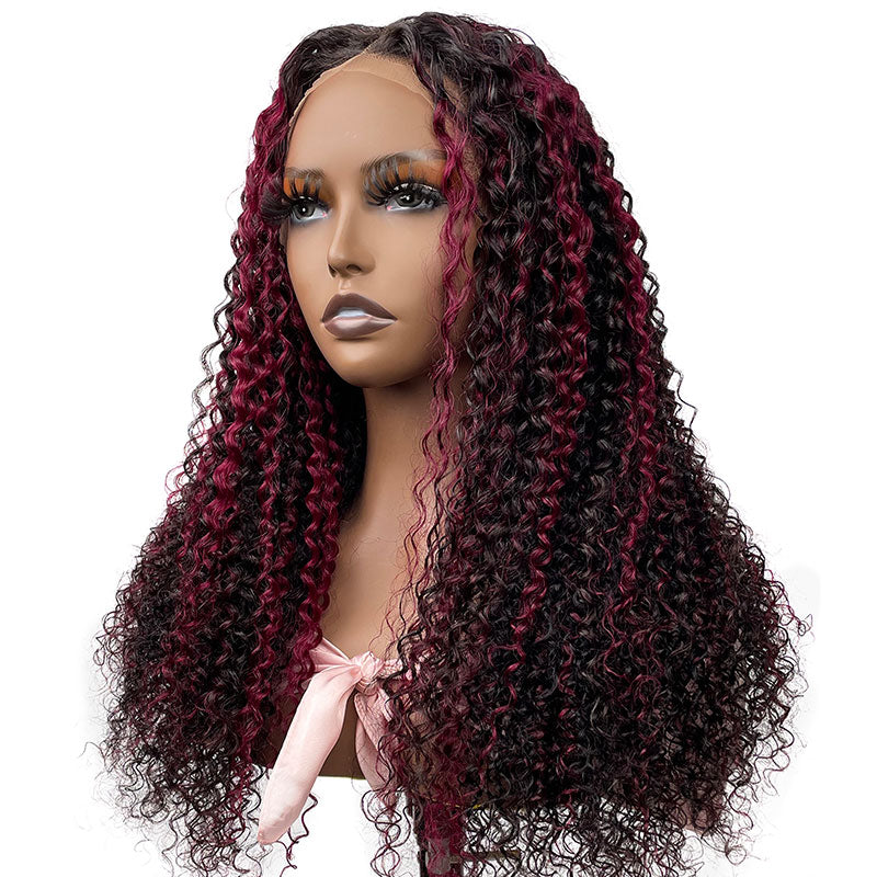 Klaiyi Dark Burgundy With Rose Red Highlights Curly Lace Front Wig Ombre Human Hair Flash Sale