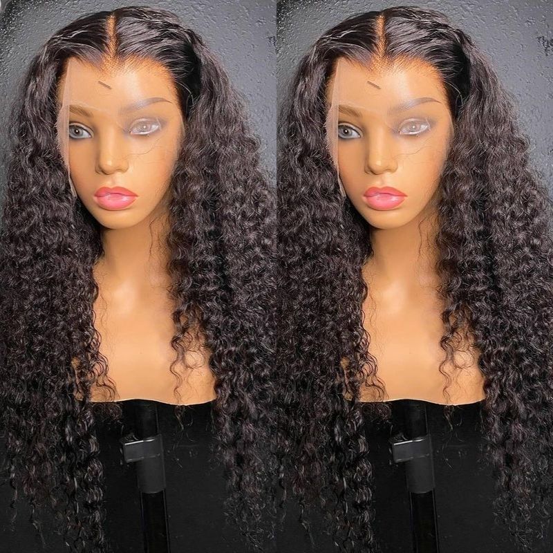 Klaiyi Deep Wave 13x4 HD Transparent Lace Front Wig Human Hair Curly Glueless Lace Wigs