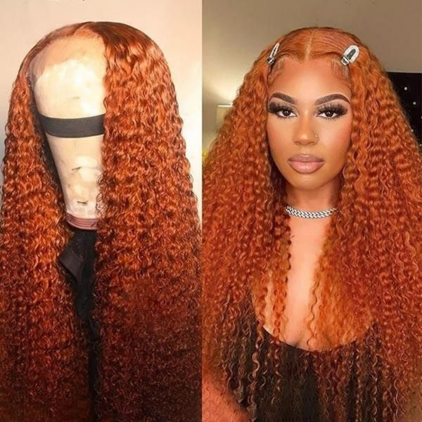 Klaiyi Ginger Color Lace Part Wig Jerry Curly Orange Precolored Human Hair Wigs Natural Density Series