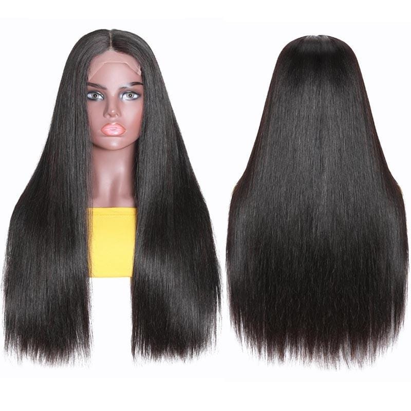 Klaiyi Fake Scalp Wig Straight Human Hair Lace Part Wig Preplucked Natural Hairline 150% Density