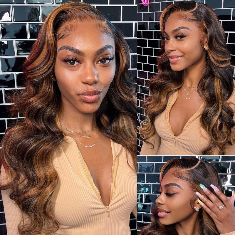 Extra 50% Off Code HALF50 | Klaiyi Dark Root Brown Balayage Highlight Body Wave Lace Front Wig