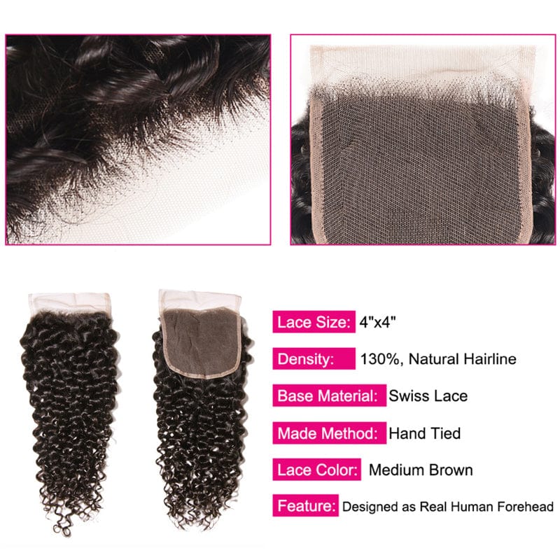 Brazilian Virgin Curly Hair 3 Bundles With 4*4 Lace Closure, Unprocessed Human Hair Extension-Klaiyi Hair