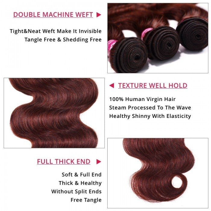 Klaiyi 3 Bundles with Lace Closure Pre Plucked Auburn Copper Reddish Brown Human Hair