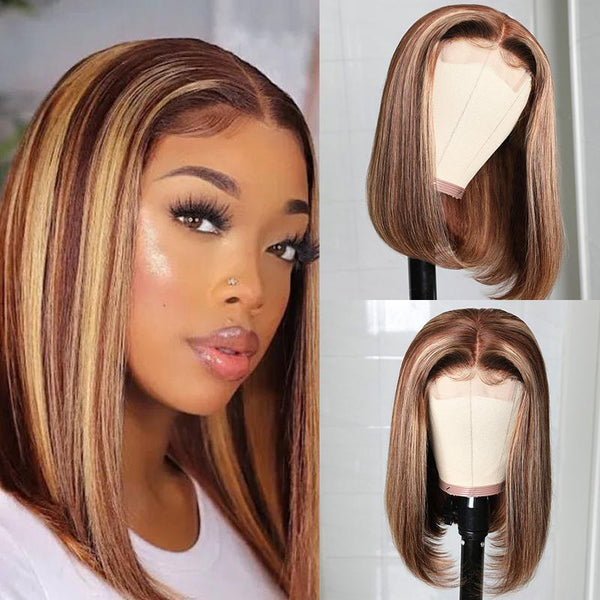 All Length $69 Deals|Klaiyi Ombre Blonde Highlight 180% Straight Bob 4x1 Lace Part Wig Flash Sale