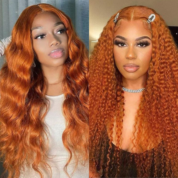 Extra 50% Off Code HALF50 | Klaiyi Jerry Curly Or Body Wave Orange Ginger Colored Wigs 180% Density Lace Part Wig