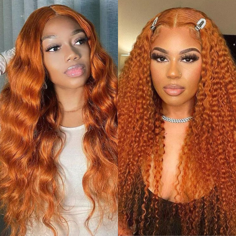 Extra 50% Off Code HALF50 | Klaiyi Jerry Curly Or Body Wave Orange Ginger Colored Wigs Lace Part Wig