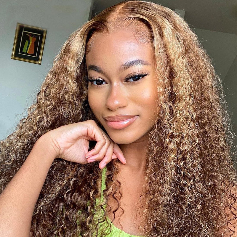 Klaiyi Honey Blonde Highlight Lace Frontal Wig Pre Plucked Jerry Curly Natural Density Human Hair Wigs