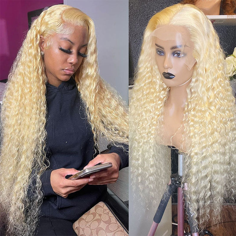 Klaiyi Honey Blonde 613 Color New Deep Wave  Lace Frontal Wig Virgin Human Hair