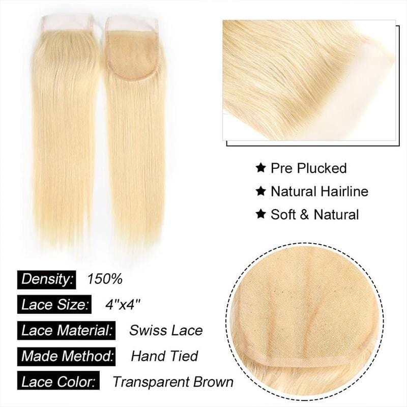 Klaiyi Hair 613 Blonde Straight Hair 4*4 Free Part Lace Closure, 100% Human Hair On Deals