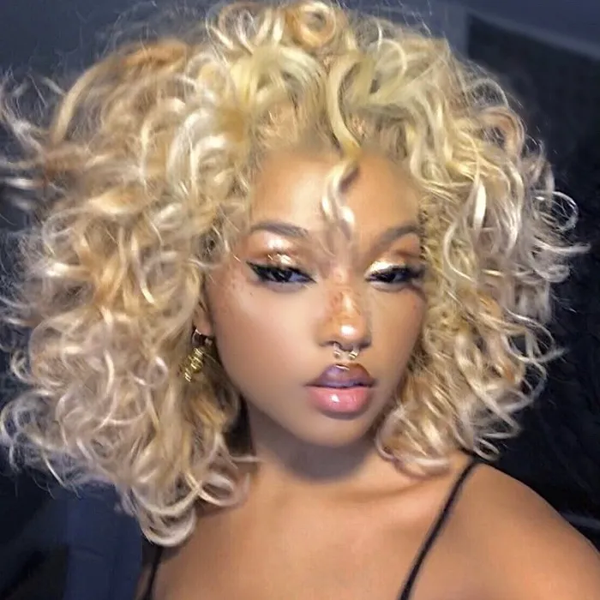Klaiyi Wet and Wavy Lace Front Wig Honey Blonde 613 Short Bob Human Hair