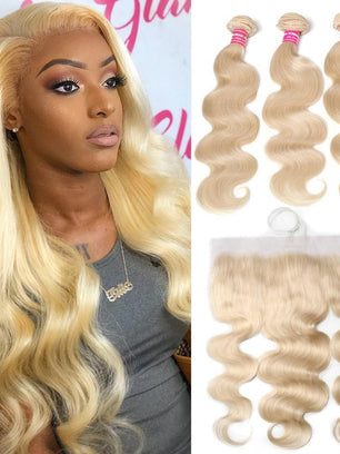 Klaiyi 613 Blonde Body Wave Human Hair 3 Bundles with 13*4 Lace Frontal Closure