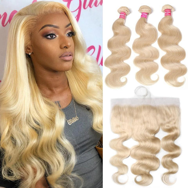 Klaiyi 613 Blonde Body Wave Human Hair 3 Bundles with 13*4 Lace Frontal Closure