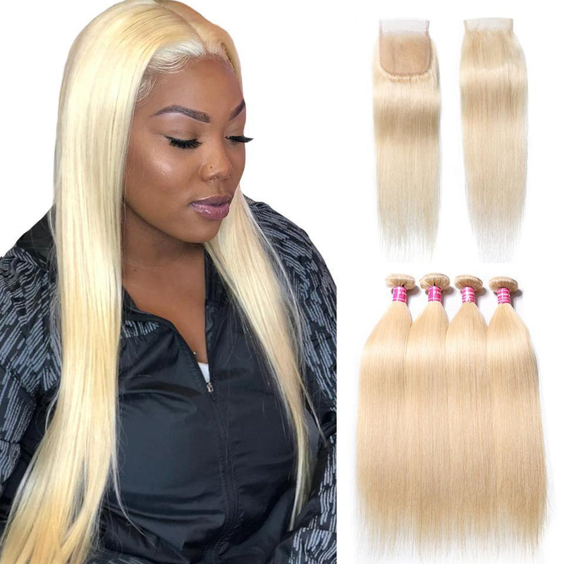 Klaiyi 613 Blonde Straight Hair 3 Bundles with 4*4 Lace Closure on Deals, 100% Human Hair Bundles