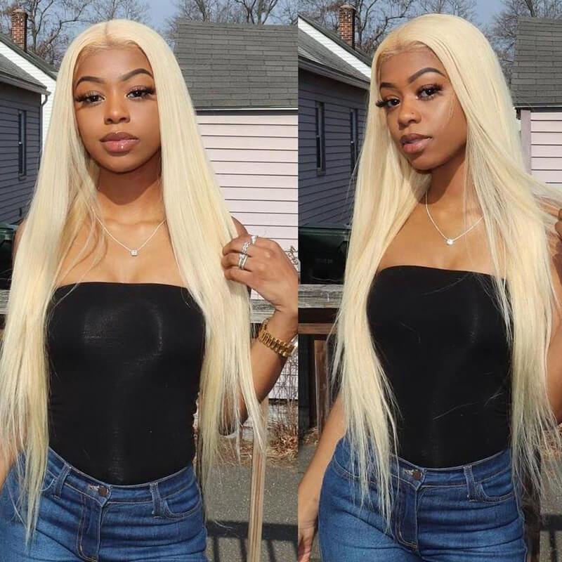 Klaiyi Honey Blonde 613 Color Silk Straight Lace Front Human Hair Wigs Preplucked Baby hair