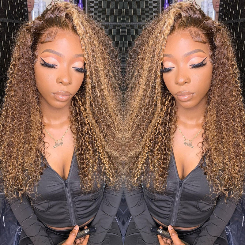 Klaiyi Honey Blonde Highlight Lace Frontal Wig Pre Plucked Jerry Curly Natural Density Human Hair Wigs