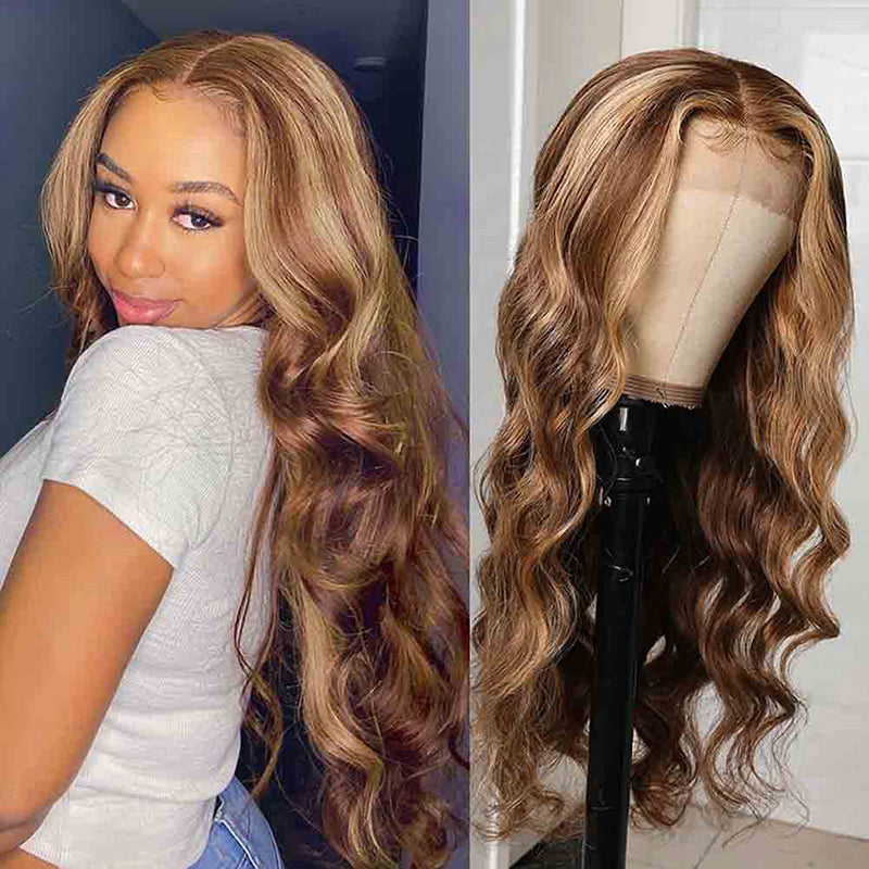 Klaiyi Ombre Honey Blonde Highlight 4x4 Lace Closure Wig 13x4 Lace Front Body Wave Wig Flash Sale