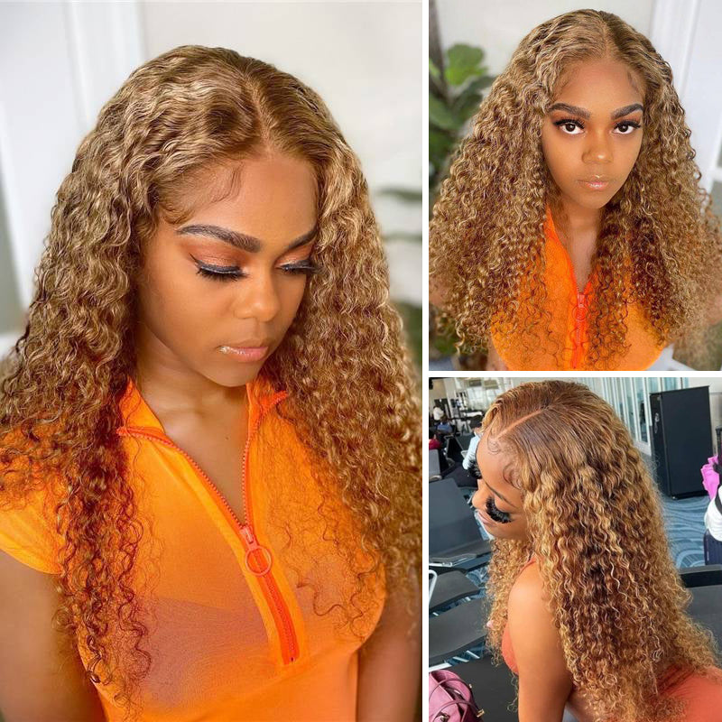 Klaiyi Honey Blonde Highlight Lace Frontal Wig Pre Plucked Jerry Curly Natural Density Human Hair Wigs