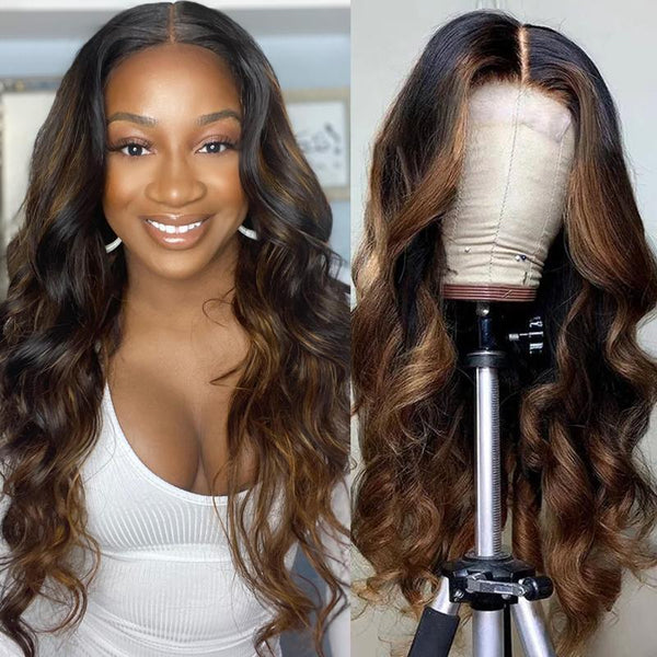 Klaiyi Brown Balayage 13x4 Lace Front Wigs 1B/30 Pre-Highlighted Body Wave Human Hair Wigs