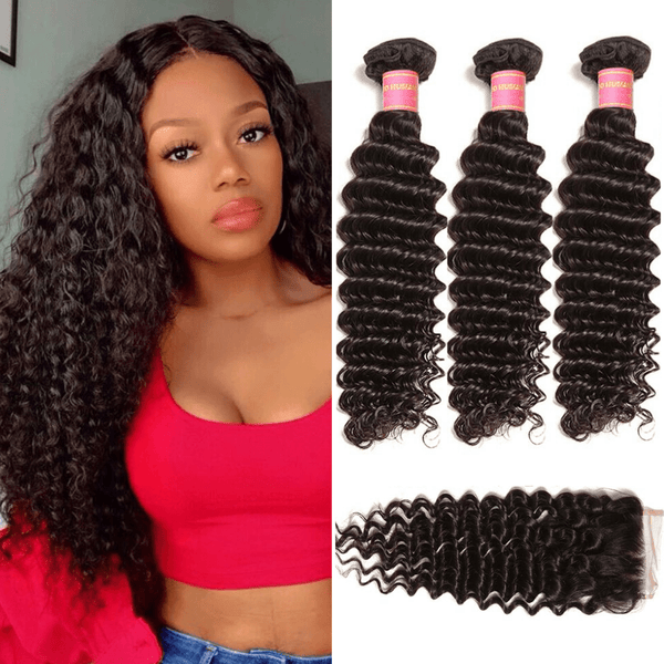 Peruvian Deep Wave 3 Bundles with 4*4 Lace Closure Deals-Klaiyi Hair