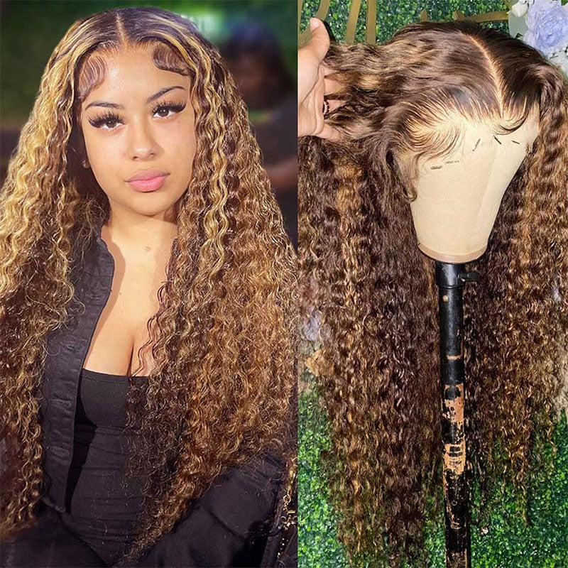 Klaiyi Ombre Highlight Lace Front Wig Deep Wave Honey Blonde Human Hair Fall Trend Color Wig Flash Sale