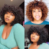 Klaiyi Bouncy Curls Short Human Hair Wigs with Bangs Glueless Pixie Cuts Wigs For Women Flash Sale
