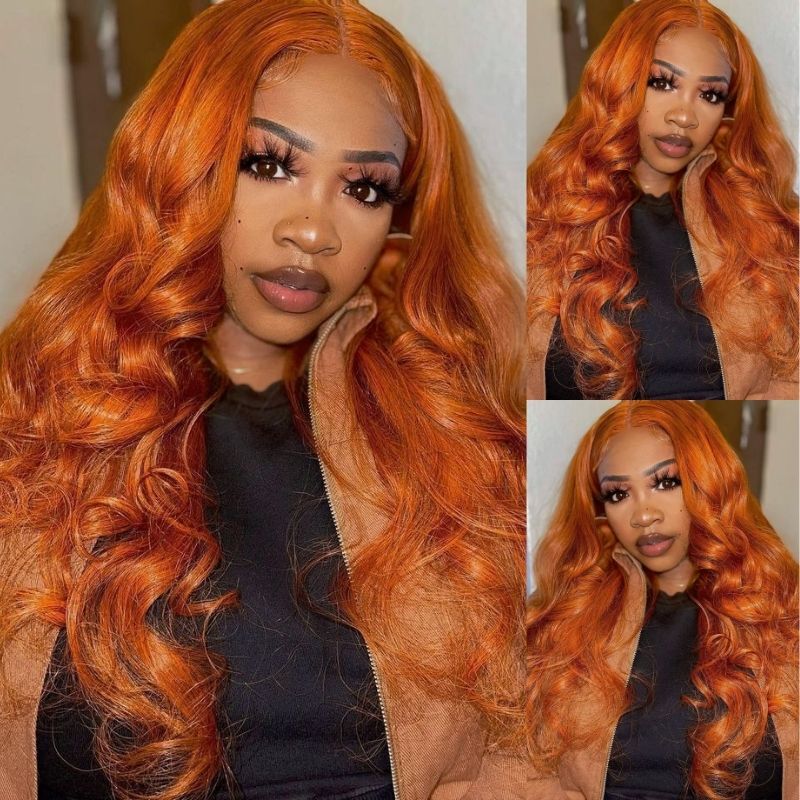 Klaiyi Cinnamon Color Lace Frontal Wig Human Hair Body Wave Ginger Wigs with Baby Hair Natural Density Series