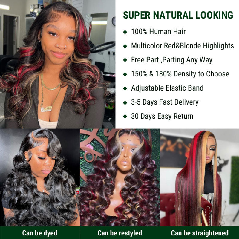 Klaiyi Multi Color Highlights 7x5 Bye Bye Knots/13x4 Lace Front Blonde And Red Body Wave Wigs Human Hair