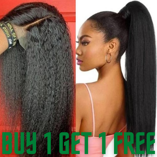 Buy 1 Get 1 Free | Klaiyi Hair Buy Kinky Straight 13x4 Lace Front Wig Get 18inch Kinky Straight Ponytail  Free Flash Sale