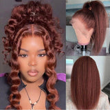 Klaiyi Kinky Straight Reddish Brown Lace Part Wig 13x5x0.5 T Part Hand Tied Lace Wig