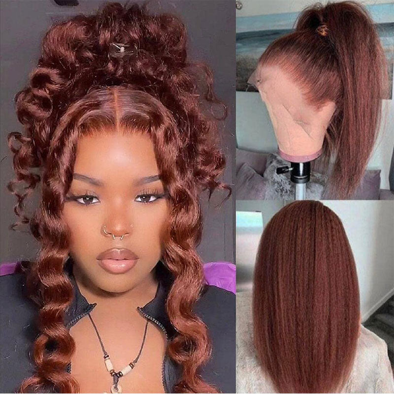 Klaiyi Kinky Straight Reddish Brown Lace Part Wig 13x5x0.5 T Part Hand Tied Lace Wig